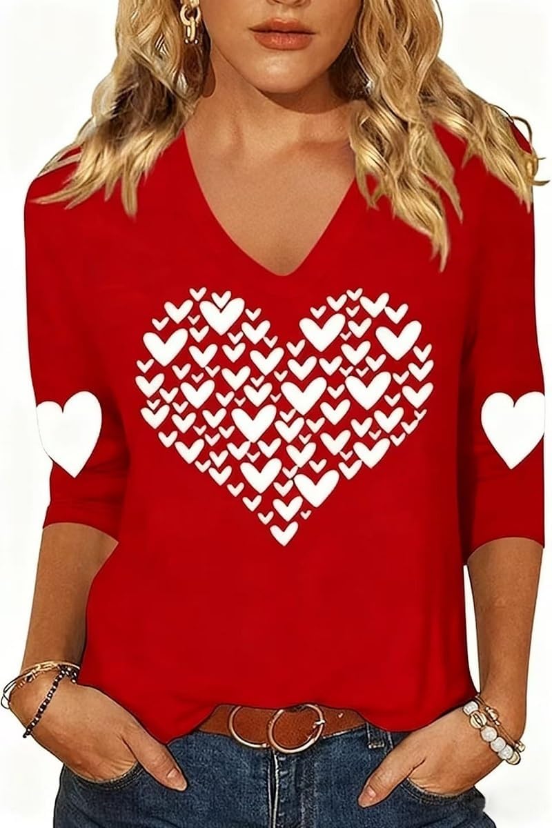 Women's Valentines Shirts V Neck 3/4 Length Sleeve Shirt Love Heart Long Sleeve Tee Mother's Day Casual Couple Mom Tops