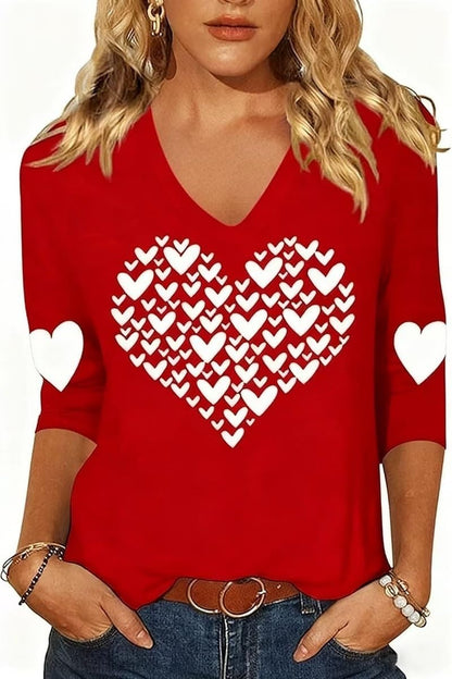 Women's Valentines Shirts V Neck 3/4 Length Sleeve Shirt Love Heart Long Sleeve Tee Mother's Day Casual Couple Mom Tops