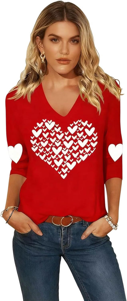 Women's Valentines Shirts V Neck 3/4 Length Sleeve Shirt Love Heart Long Sleeve Tee Mother's Day Casual Couple Mom Tops
