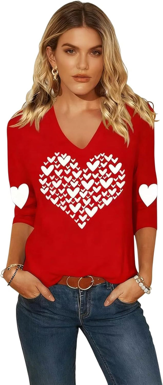 Women's Valentines Shirts V Neck 3/4 Length Sleeve Shirt Love Heart Long Sleeve Tee Mother's Day Casual Couple Mom Tops