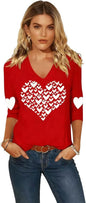 Women's Valentines Shirts V Neck 3/4 Length Sleeve Shirt Love Heart Long Sleeve Tee Mother's Day Casual Couple Mom Tops