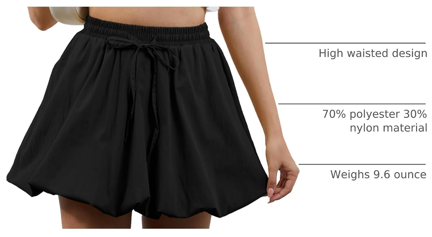 Women's Black Bubble Skirt Drawstring High Elastic Waisted Lining Shorts Casual Puff Balloon Short Skirts
