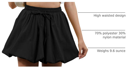 Women's Black Bubble Skirt Drawstring High Elastic Waisted Lining Shorts Casual Puff Balloon Short Skirts