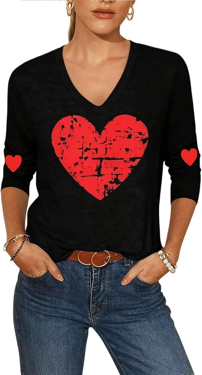 Women's Valentines Shirts V Neck 3/4 Length Sleeve Shirt Love Heart Long Sleeve Tee Mother's Day Casual Couple Mom Tops