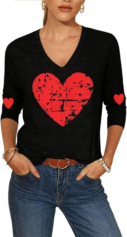 Women's Valentines Shirts V Neck 3/4 Length Sleeve Shirt Love Heart Long Sleeve Tee Mother's Day Casual Couple Mom Tops