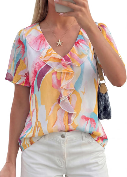 Womens Summer Floral Blouse Dressy Casual Chiffon Short Sleeve Boho Tops