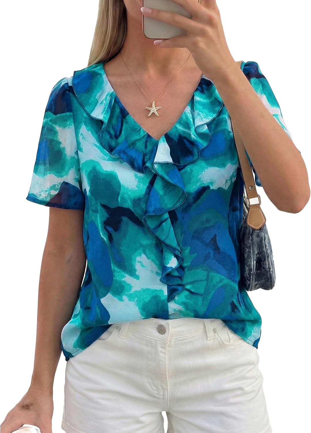 Womens Summer Floral Blouse Dressy Casual Chiffon Short Sleeve Boho Tops