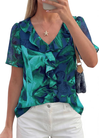 Womens Summer Floral Blouse Dressy Casual Chiffon Short Sleeve Boho Tops