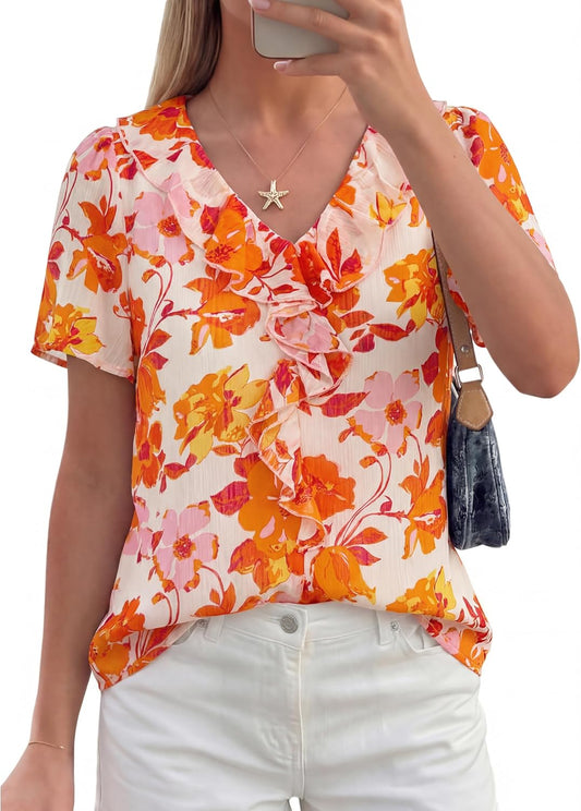 Womens Summer Floral Blouse Dressy Casual Chiffon Short Sleeve Boho Tops