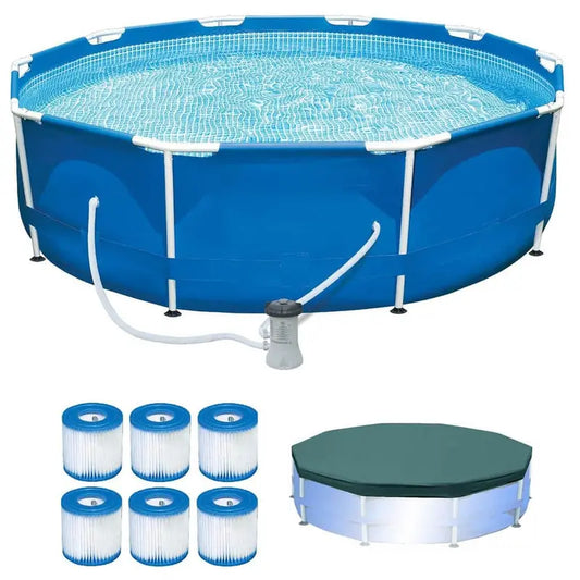 INTEX 10 ft. x 10 ft. Round 30 in. Deep Metal Frame Pool w/ Pump &amp; Type H Filters (6 Pack) &amp; 10′ Round Pool Cover 6 x 29007E + 28201EH + 28030E